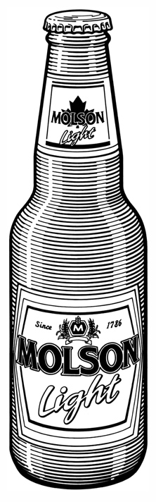 Product Illustration of a Molson Light Bottle, for a cut sheet.