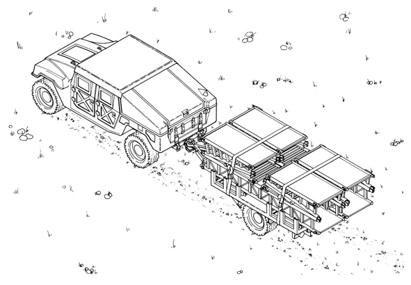 Humvee with Portable Bridge Folded on a Trailer